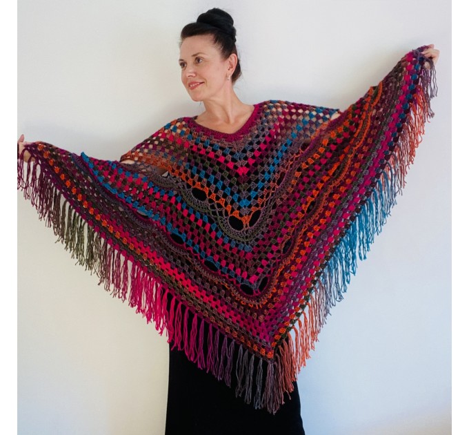 Rainbow Crochet Poncho Fringe, Plus size Festival poncho Pride, Triangle Shawl Wraps, Poncho Women Mom-Birthday-Gift-from-Daughter-For-Her
