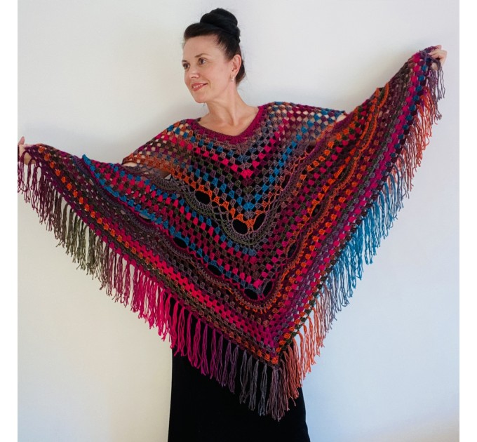  Multicolored Poncho, Boho Poncho, Evening cover up, Unisex Vegan Acrylic poncho Plus size oversize hippie knit poncho, Crochet Woman Poncho  Acrylic / Vegan  3