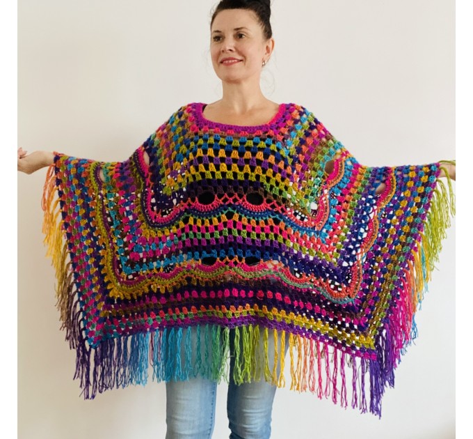 Rainbow Poncho Pride Women, Crochet outlander Triangle Shawl Wraps Fringe, Plus size Festival Vegan, Mom-Birthday-Gift-from-Daughter