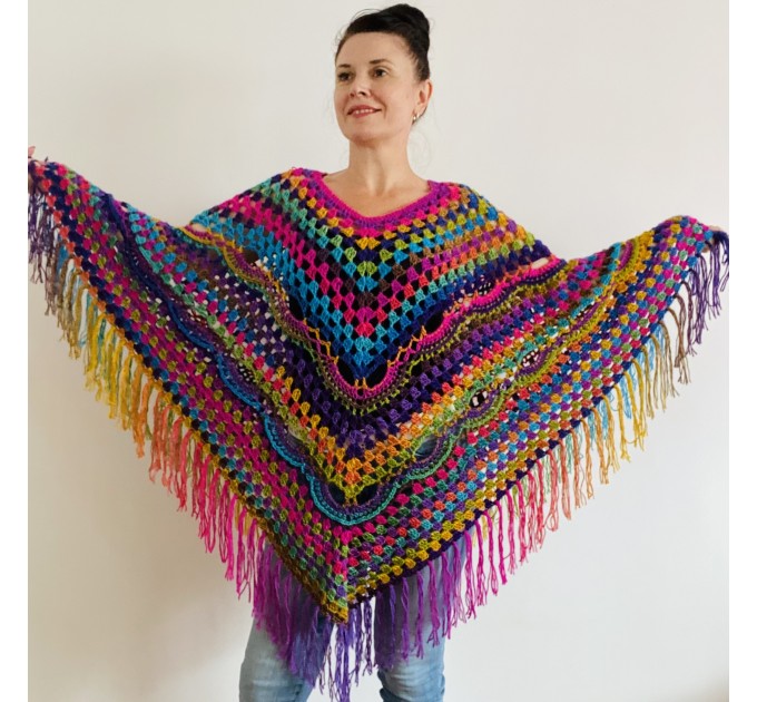Rainbow Crochet Poncho Fringe, Plus size Festival poncho Pride, Triangle Shawl Wraps, Poncho Women Mom-Birthday-Gift-from-Daughter-For-Her