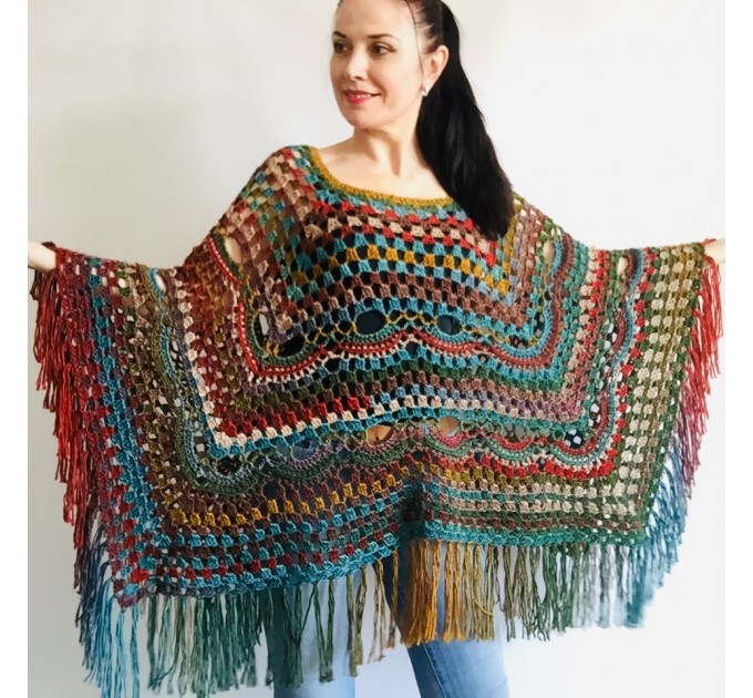  Rainbow Poncho Pride Women, Crochet outlander Triangle Shawl Wraps Fringe, Plus size Festival Vegan, Mom-Birthday-Gift-from-Daughter  Acrylic / Vegan  4