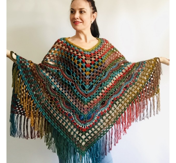  Multicolored Poncho, Boho Poncho, Evening cover up, Unisex Vegan Acrylic poncho Plus size oversize hippie knit poncho, Crochet Woman Poncho  Acrylic / Vegan  