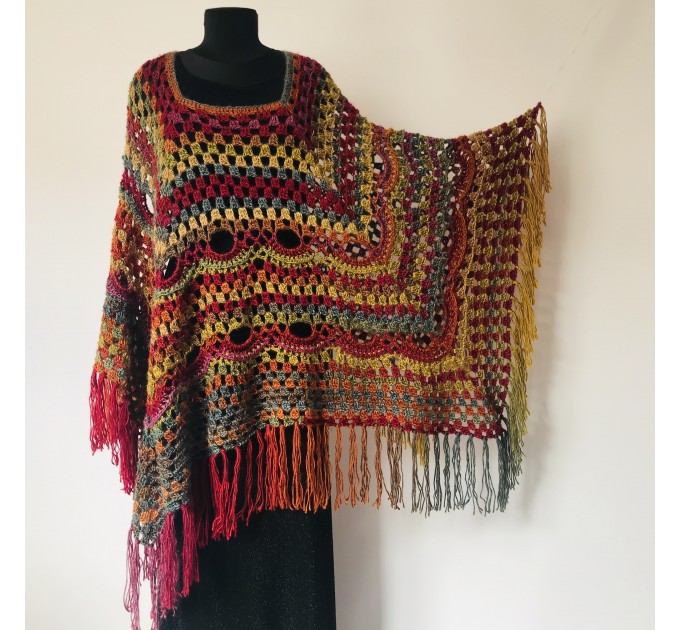  Rainbow Crochet Poncho Fringe, Plus size Festival poncho Pride, Triangle Shawl Wraps, Poncho Women Mom-Birthday-Gift-from-Daughter-For-Her  Acrylic / Vegan  1