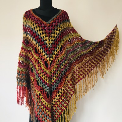 Rainbow Crochet Poncho Fringe, Plus size Festival poncho Pride, Triangle Shawl Wraps, Poncho Women Mom-Birthday-Gift-from-Daughter-For-Her