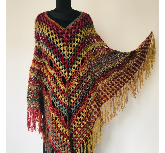  Rainbow Crochet Poncho Fringe, Plus size Festival poncho Pride, Triangle Shawl Wraps, Poncho Women Mom-Birthday-Gift-from-Daughter-For-Her  Acrylic / Vegan  