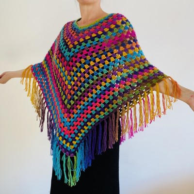 Rainbow Poncho Fringe, Plus size Poncho, hippie poncho festival clothes knit poncho mexico poncho crochet poncho women poncho color block winter cape