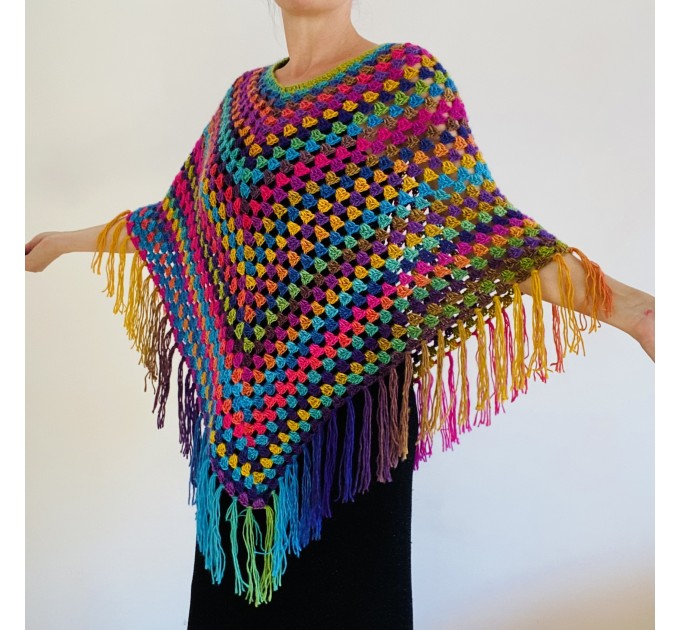  Rainbow Poncho Fringe, Plus size Poncho, hippie poncho festival clothes knit poncho mexico poncho crochet poncho women poncho color block winter cape  Acrylic / Vegan  