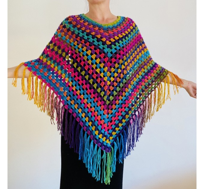  Rainbow Poncho Fringe, Plus size Poncho, hippie poncho festival clothes knit poncho mexico poncho crochet poncho women poncho color block winter cape  Acrylic / Vegan  2