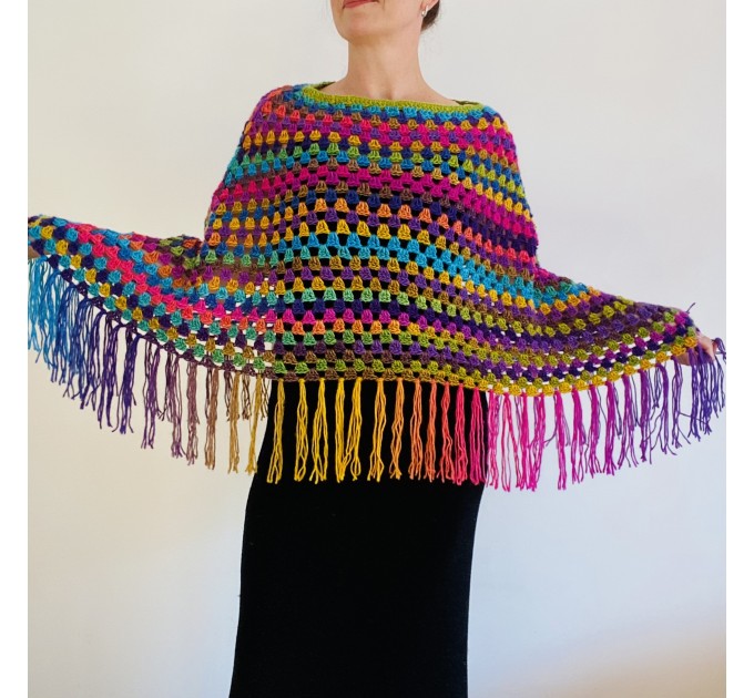  Rainbow Poncho Fringe, Plus size Poncho, hippie poncho festival clothes knit poncho mexico poncho crochet poncho women poncho color block winter cape  Acrylic / Vegan  1