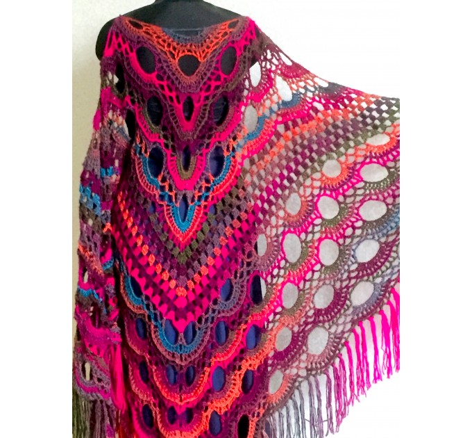  Rainbow Crochet Shawl Fringe Poncho Women Plus Size Hand Knitted Vegan Triangular Multicolor outlander Shawl Wraps Lace Warm Boho Evening  Acrylic / Vegan  2