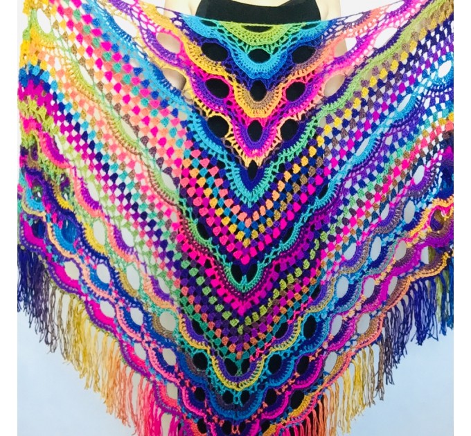  Rainbow Crochet Shawl Fringe Poncho Women Plus Size Hand Knitted Vegan Triangular Multicolor outlander Shawl Wraps Lace Warm Boho Evening  Acrylic / Vegan  1