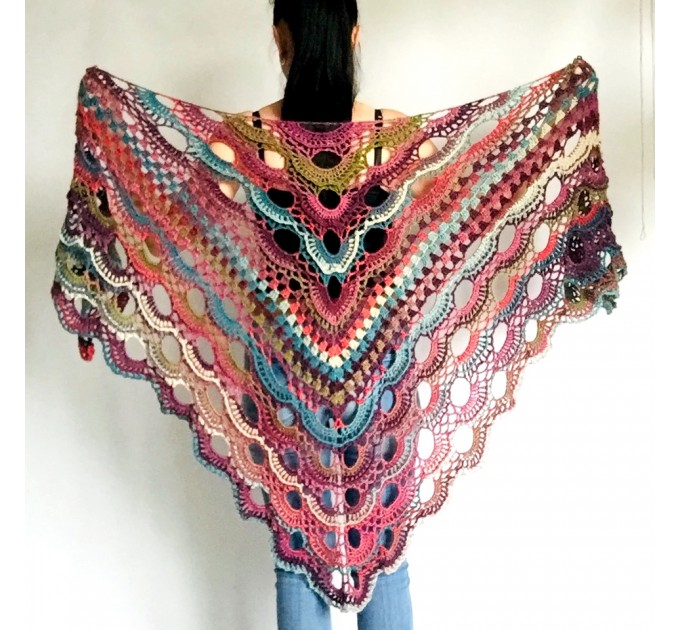  Green Crochet Shawl Wrap Boho Colorful Shawl Rainbow Shawl With Fringe Bohemian Multicolor Shawl Big Crochet Lace Triangle Knitted Shawl  Acrylic / Vegan  9