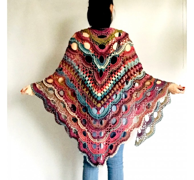  Green Crochet Shawl Wrap Boho Colorful Shawl Rainbow Shawl With Fringe Bohemian Multicolor Shawl Big Crochet Lace Triangle Knitted Shawl  Acrylic / Vegan  8