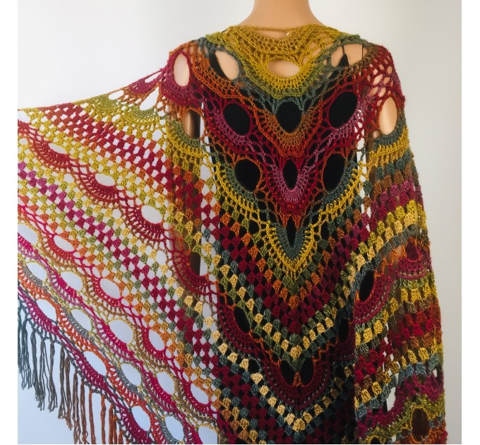  Boho crochet shawl Festival Clothing Woman Poncho, Plus Size Man poncho Triangle scarf Unisex oversize outlander hand knit long fringe shawl  Acrylic / Vegan  1