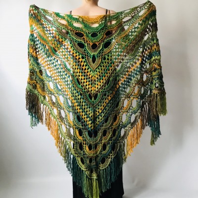 Green Crochet Shawl Wrap Boho Colorful Shawl Rainbow Shawl With Fringe Bohemian Multicolor Shawl Big Crochet Lace Triangle Knitted Shawl