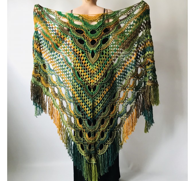  Green Crochet Shawl Wrap Boho Colorful Shawl Rainbow Shawl With Fringe Bohemian Multicolor Shawl Big Crochet Lace Triangle Knitted Shawl  Acrylic / Vegan  