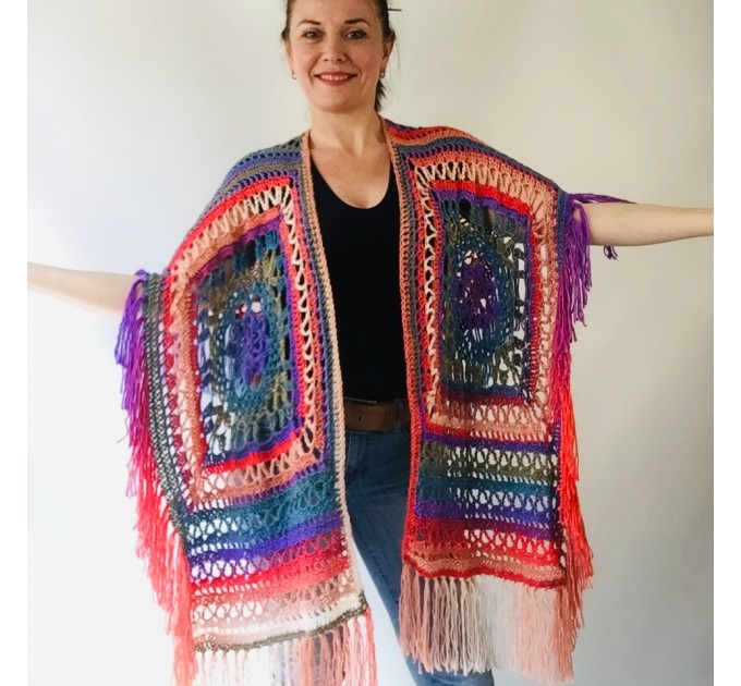 Crochet Shawl Poncho Fringe, Rainbow Oversized Festival Hippi Plus Size Clothing ,Women Hand Knitted Triangular Multicolor Wraps Boho Wool