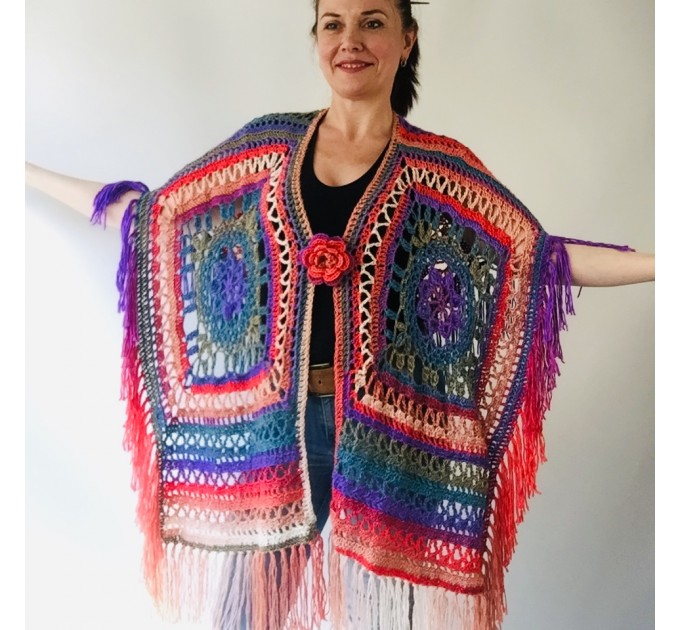  Crochet Shawl Poncho Fringe, Rainbow Oversized Festival Hippi Plus Size Clothing ,Women Hand Knitted Triangular Multicolor Wraps Boho Wool  Acrylic / Vegan  2