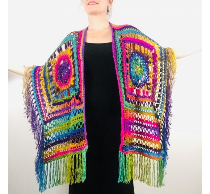  Crochet Shawl Poncho Fringe, Rainbow Oversized Festival Hippi Plus Size Clothing ,Women Hand Knitted Triangular Multicolor Wraps Boho Wool  Acrylic / Vegan  1