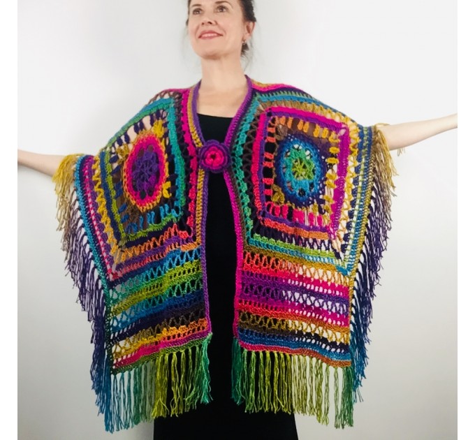  Crochet Shawl Poncho Fringe, Rainbow Oversized Festival Hippi Plus Size Clothing ,Women Hand Knitted Triangular Multicolor Wraps Boho Wool  Acrylic / Vegan  