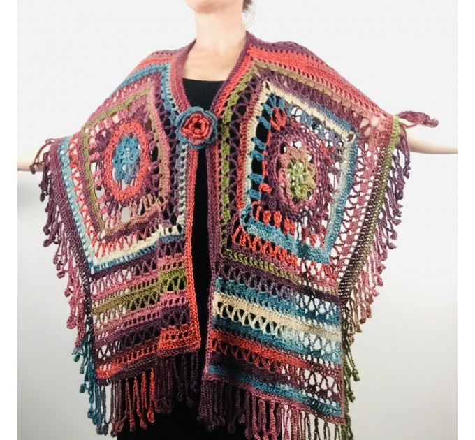  Crochet Shawl Poncho Fringe, Rainbow Oversized Festival Hippi Plus Size Clothing ,Women Hand Knitted Triangular Multicolor Wraps Boho Wool  Acrylic / Vegan  4