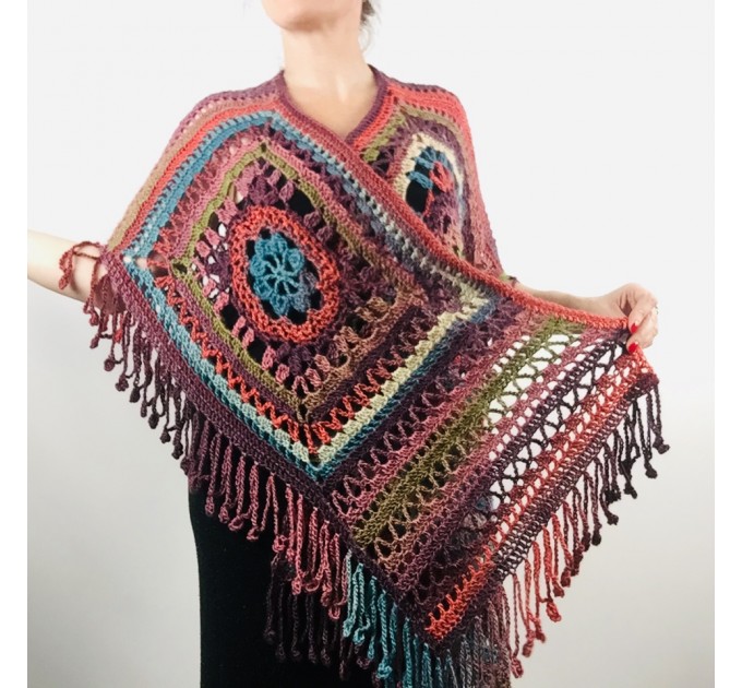  Crochet Shawl Poncho Fringe, Rainbow Oversized Festival Hippi Plus Size Clothing ,Women Hand Knitted Triangular Multicolor Wraps Boho Wool  Acrylic / Vegan  5