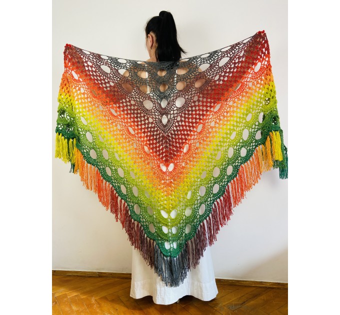  Rainbow women plus size shawl alpaca, red yellow green triangle shawl fringe, multicolor acrylic shawl, festival shoulder wrap  Mohair / Alpaca  2