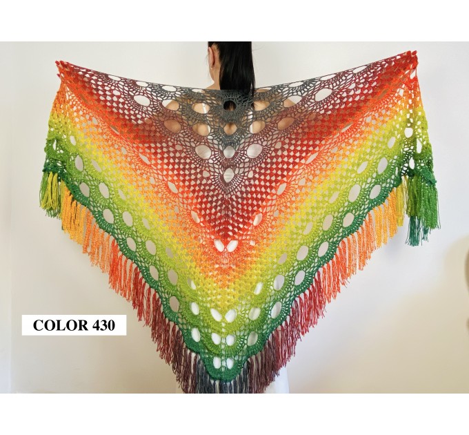  Rainbow women plus size shawl alpaca, red yellow green triangle shawl fringe, multicolor acrylic shawl, festival shoulder wrap  Mohair / Alpaca  3