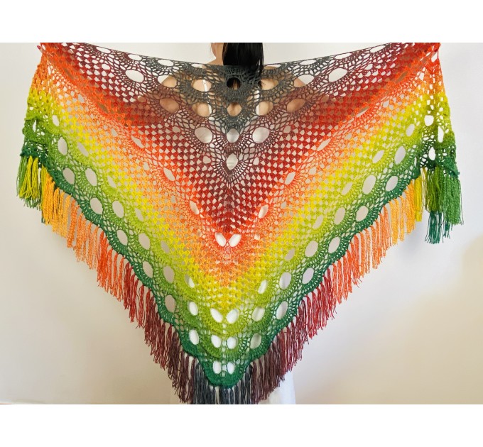  Rainbow women plus size shawl alpaca, red yellow green triangle shawl fringe, multicolor acrylic shawl, festival shoulder wrap  Mohair / Alpaca  4
