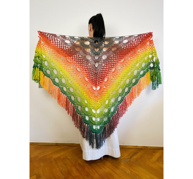  Rainbow women plus size shawl alpaca, red yellow green triangle shawl fringe, multicolor acrylic shawl, festival shoulder wrap  Mohair / Alpaca  6
