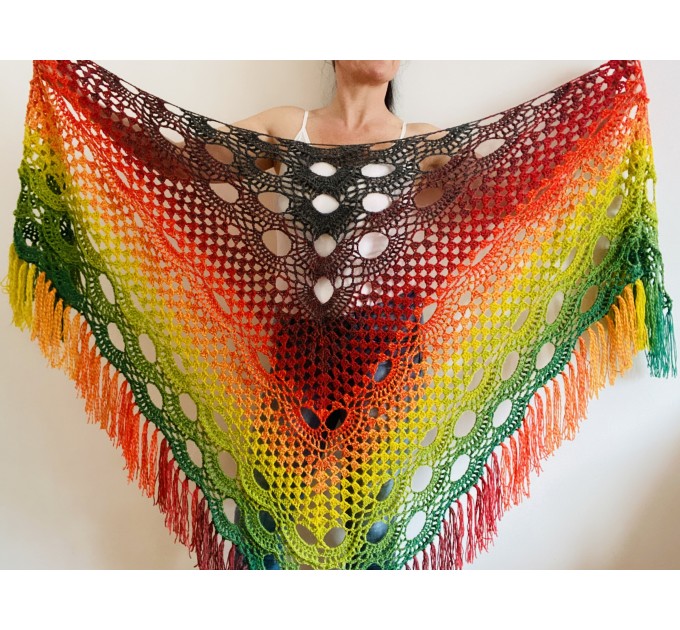  Rainbow women plus size shawl alpaca, red yellow green triangle shawl fringe, multicolor acrylic shawl, festival shoulder wrap  Mohair / Alpaca  