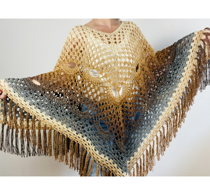 Brown alpaca wool poncho women plus size poncho ombre crochet fringe poncho gray knit boho poncho hippie poncho festival