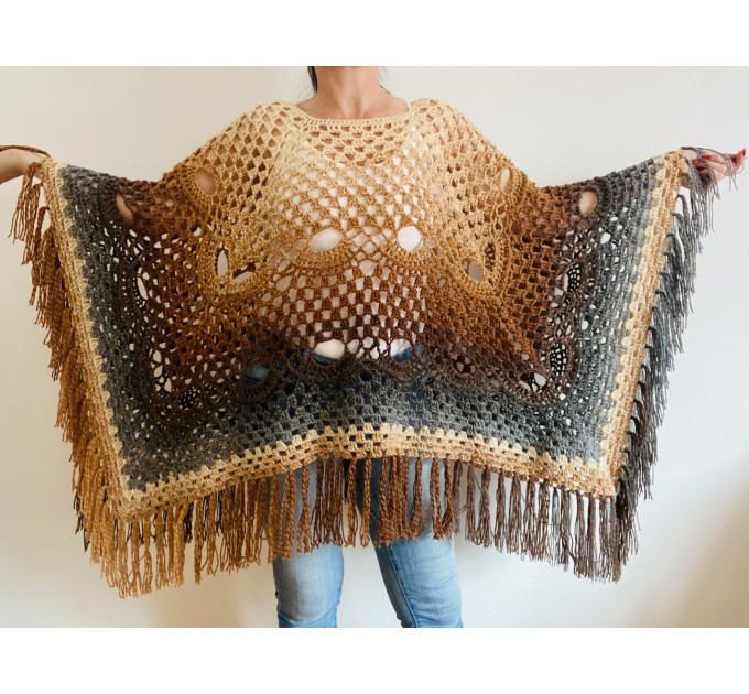 Brown alpaca wool poncho women plus size poncho ombre crochet fringe poncho gray knit boho poncho hippie poncho festival