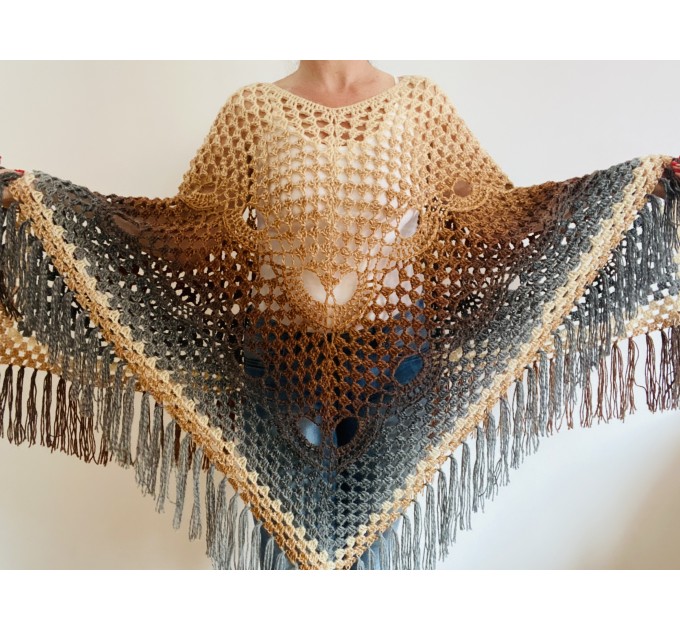 Brown alpaca wool poncho women plus size poncho ombre crochet fringe poncho gray knit boho poncho hippie poncho festival