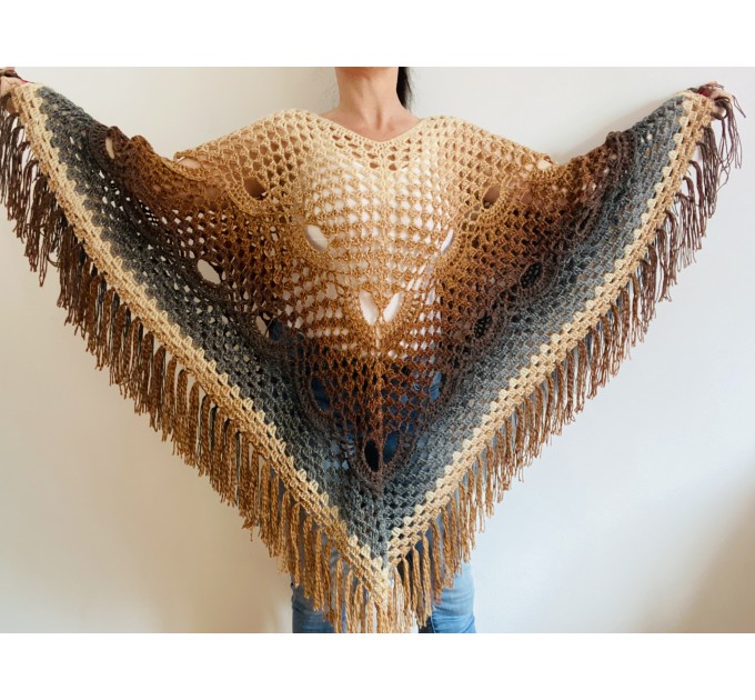 Brown alpaca wool poncho women plus size poncho ombre crochet fringe poncho gray knit boho poncho hippie poncho festival