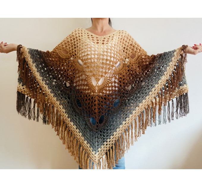 Brown alpaca wool poncho women plus size poncho ombre crochet fringe poncho gray knit boho poncho hippie poncho festival