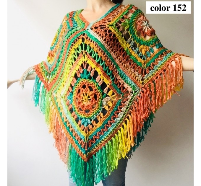  Red Violet Granny Square Crochet Poncho with Fringe Boho Women Wrap Multicolor - Wool Knit Triangle Poncho - Designer Ponchos & Capes  Wool  7
