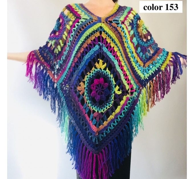 Black Crochet Granny Square Boho Wool Poncho with Fringes - Women's Designer Ponchos & Capes - Gray White Ombre Multicolor Poncho
