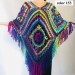  Orange Green Crochet Knit Triangle Poncho, Granny Square Boho Wool Poncho with Fringes - Women's Designer Ponchos Capes, & Wraps - Ombre Multicolor Poncho  Wool  9