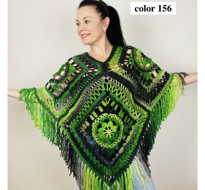 Orange Green Crochet Knit Triangle Poncho, Granny Square Boho Wool Poncho with Fringes - Women's Designer Ponchos Capes, & Wraps - Ombre Multicolor Poncho