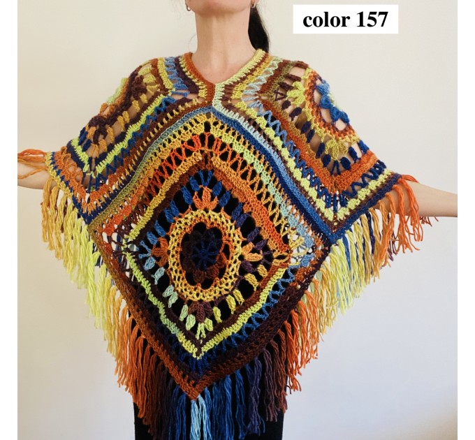  Red Violet Granny Square Crochet Poncho with Fringe Boho Women Wrap Multicolor - Wool Knit Triangle Poncho - Designer Ponchos & Capes  Wool  12