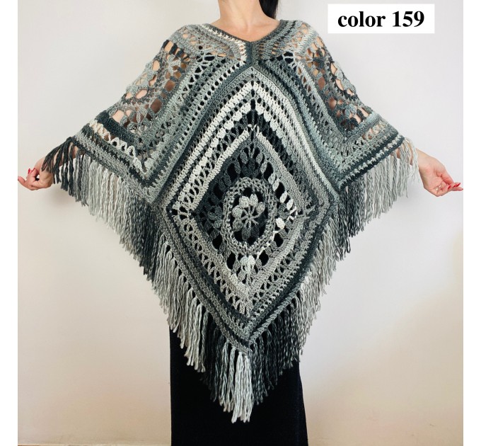 Orange Green Crochet Knit Triangle Poncho, Granny Square Boho Wool Poncho with Fringes - Women's Designer Ponchos Capes, & Wraps - Ombre Multicolor Poncho