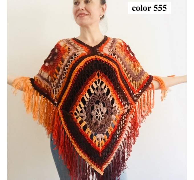 Black Crochet Granny Square Boho Wool Poncho with Fringes - Women's Designer Ponchos & Capes - Gray White Ombre Multicolor Poncho