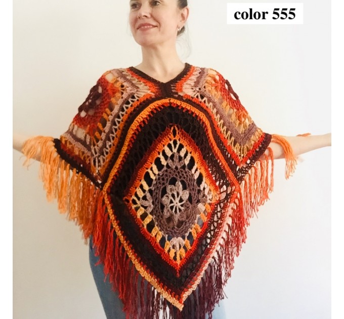  Burnt orange plus size poncho women fringe, Festival oversized Loose knit outlander wool wraps, Crochet lace hippie cape Evening shawl   Wool  22