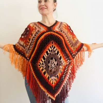 Burnt orange plus size poncho women fringe, Festival oversized Loose knit outlander wool wraps, Crochet lace hippie cape Evening shawl 