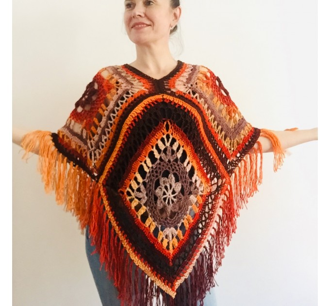  Burnt orange plus size poncho women fringe, Festival oversized Loose knit outlander wool wraps, Crochet lace hippie cape Evening shawl   Wool  