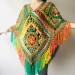  Orange Green Crochet Knit Triangle Poncho, Granny Square Boho Wool Poncho with Fringes - Women's Designer Ponchos Capes, & Wraps - Ombre Multicolor Poncho  Wool  