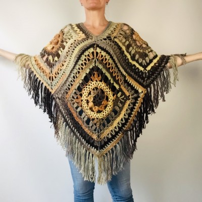 Brown poncho cape coat tribal cardigan boho shawl wool cape poncho knit poncho green fringe cape top mexico poncho unisex poncho wrap