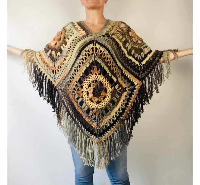  Brown poncho cape coat tribal cardigan boho shawl wool cape poncho knit poncho green fringe cape top mexico poncho unisex poncho wrap  Wool  