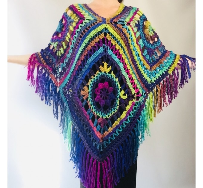  Blue poncho women fringe, Plus size hippie wrap halloween shawl, Crochet oversized wool cape, Unisex Burnt Orange Brown Green  Wool  